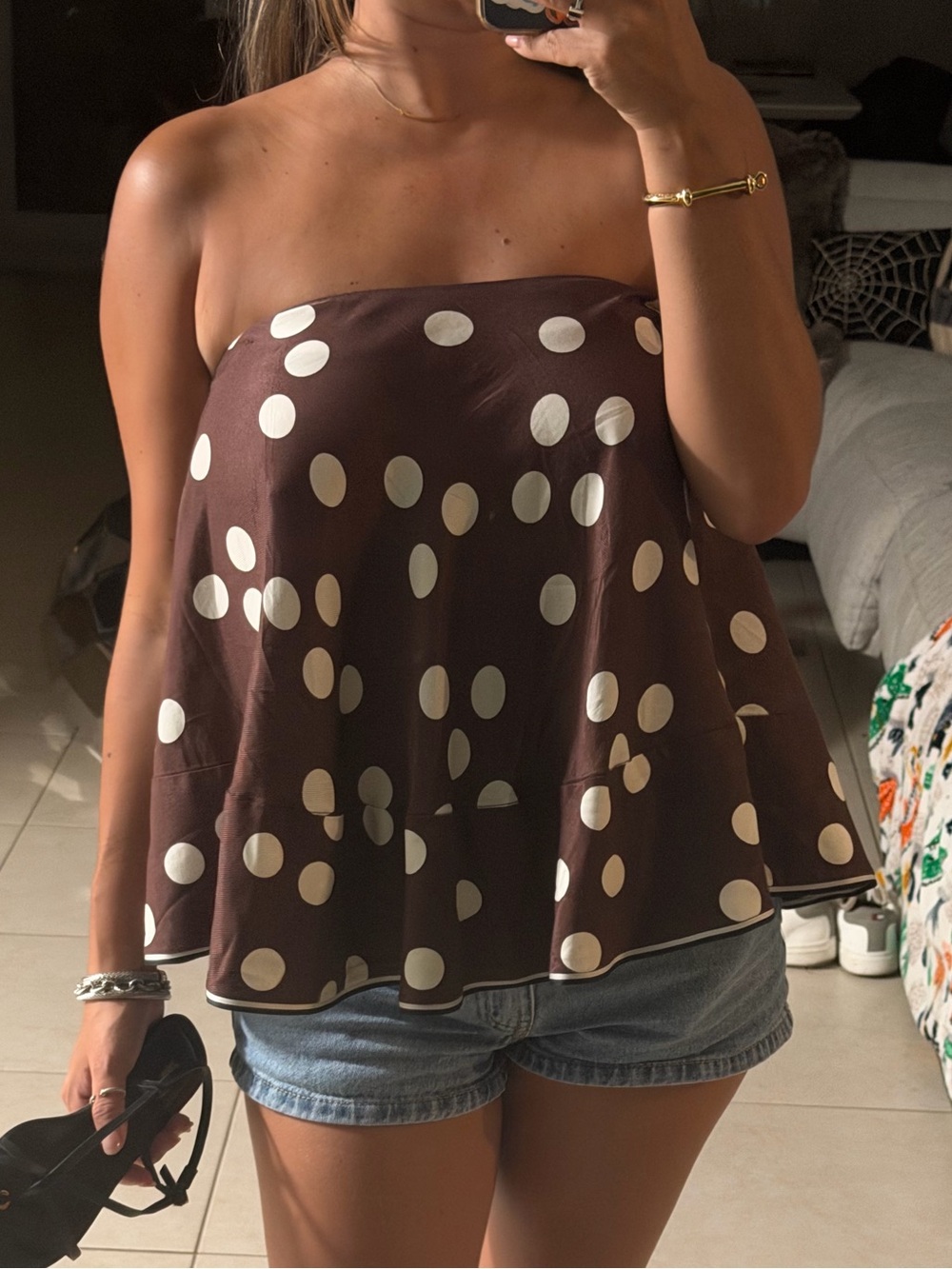 Polka Dot Strapless Peplum Top - Brown/White